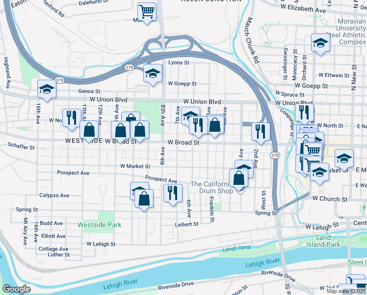map of restaurants, bars, coffee shops, grocery stores, and more near 719 W Broad St in Bethlehem