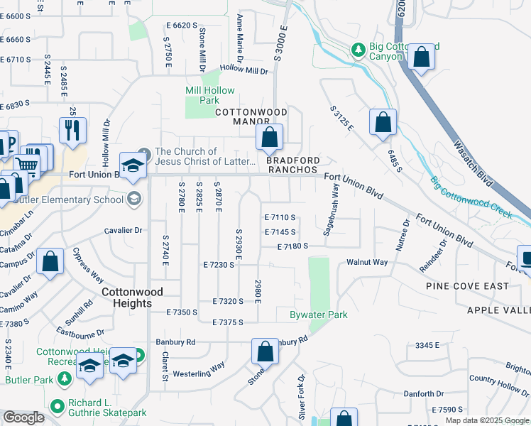 map of restaurants, bars, coffee shops, grocery stores, and more near 2995 East 7110 South in Cottonwood Heights