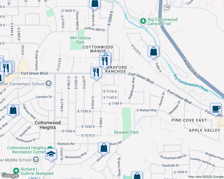 map of restaurants, bars, coffee shops, grocery stores, and more near 3047 East 7145 South in Cottonwood Heights