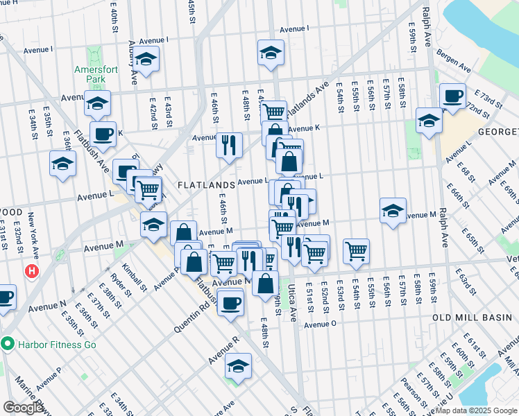 map of restaurants, bars, coffee shops, grocery stores, and more near 4801 Avenue M in Brooklyn