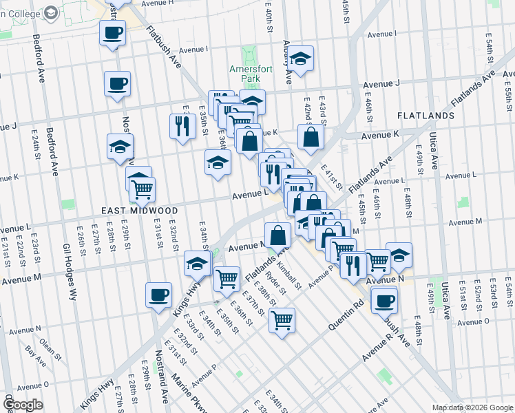 map of restaurants, bars, coffee shops, grocery stores, and more near 1343 East 38th Street in Brooklyn