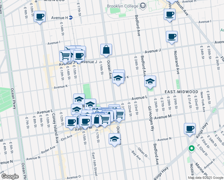 map of restaurants, bars, coffee shops, grocery stores, and more near 1662 Ocean Avenue in Brooklyn