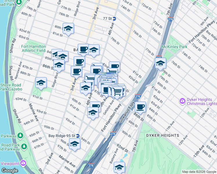 map of restaurants, bars, coffee shops, grocery stores, and more near 8515 5th Avenue in Brooklyn