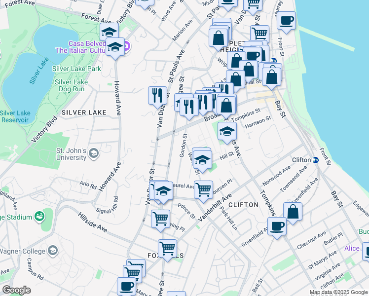 map of restaurants, bars, coffee shops, grocery stores, and more near 238 Gordon Street in Staten Island