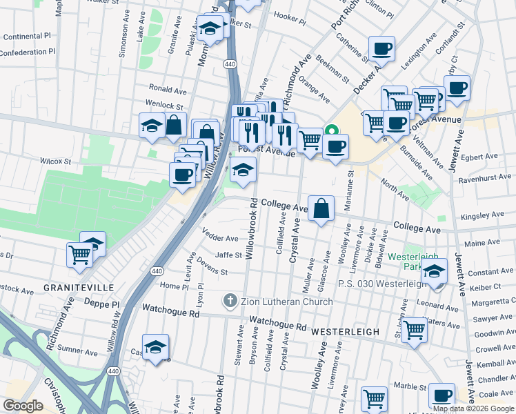 map of restaurants, bars, coffee shops, grocery stores, and more near 29 Bryson Avenue in Staten Island