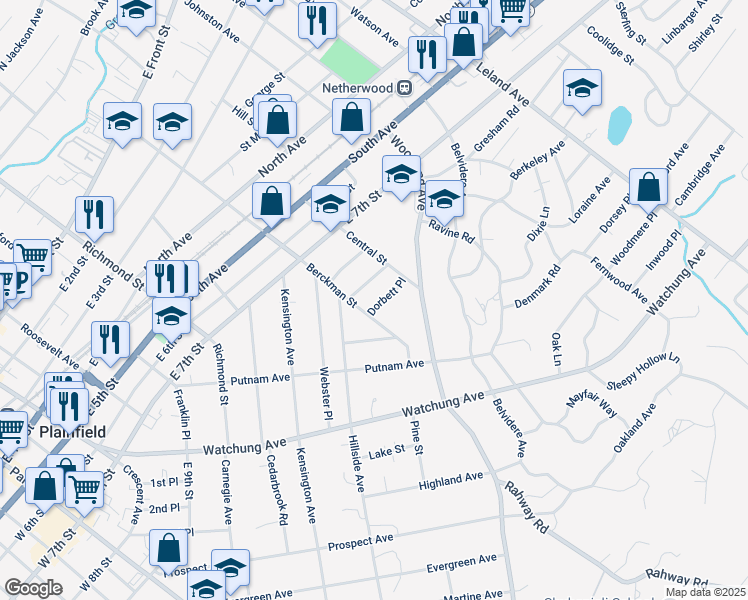map of restaurants, bars, coffee shops, grocery stores, and more near 841-45 Berckman Street in Plainfield