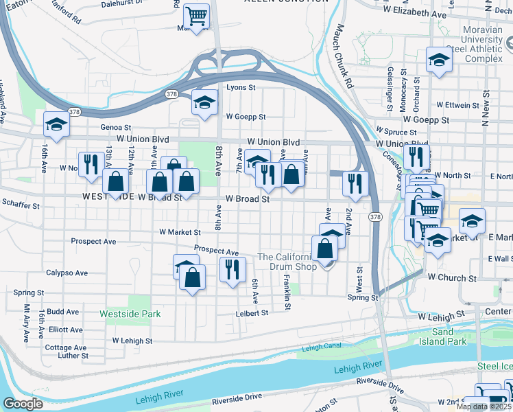 map of restaurants, bars, coffee shops, grocery stores, and more near 520 7th Avenue in Bethlehem