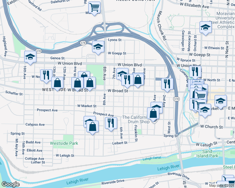 map of restaurants, bars, coffee shops, grocery stores, and more near 520 7th Avenue in Bethlehem