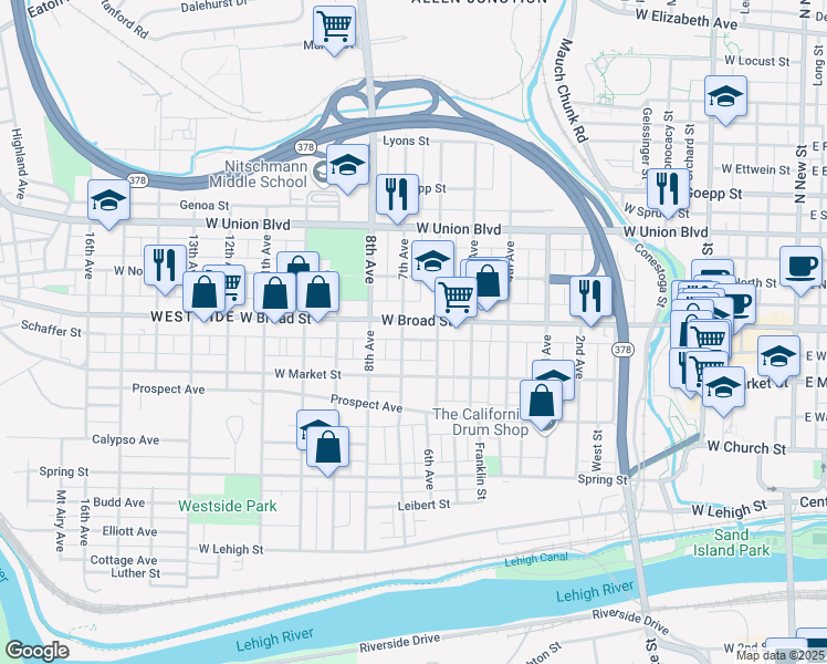 map of restaurants, bars, coffee shops, grocery stores, and more near 520 7th Avenue in Bethlehem