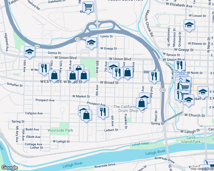map of restaurants, bars, coffee shops, grocery stores, and more near 729 West Broad Street in Bethlehem