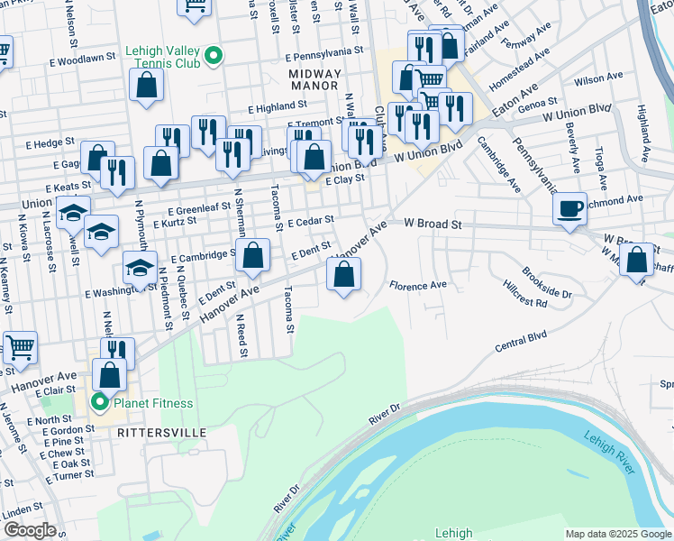map of restaurants, bars, coffee shops, grocery stores, and more near 2124 Hanover Avenue in Allentown