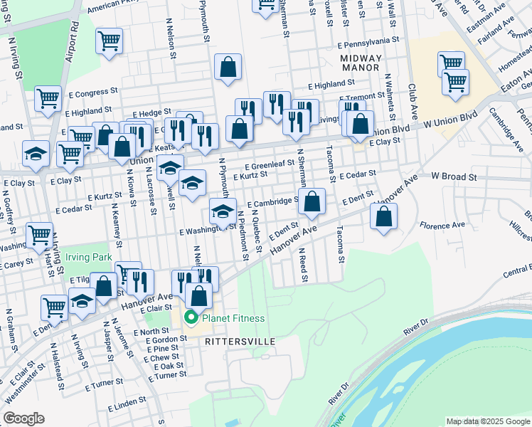 map of restaurants, bars, coffee shops, grocery stores, and more near 1638 East Washington Street in Allentown