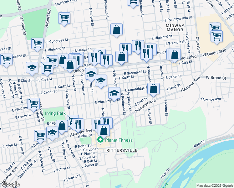 map of restaurants, bars, coffee shops, grocery stores, and more near 751 North Plymouth Street in Allentown