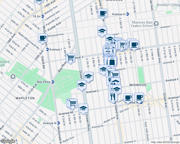map of restaurants, bars, coffee shops, grocery stores, and more near 1209 East 7th Street in Brooklyn