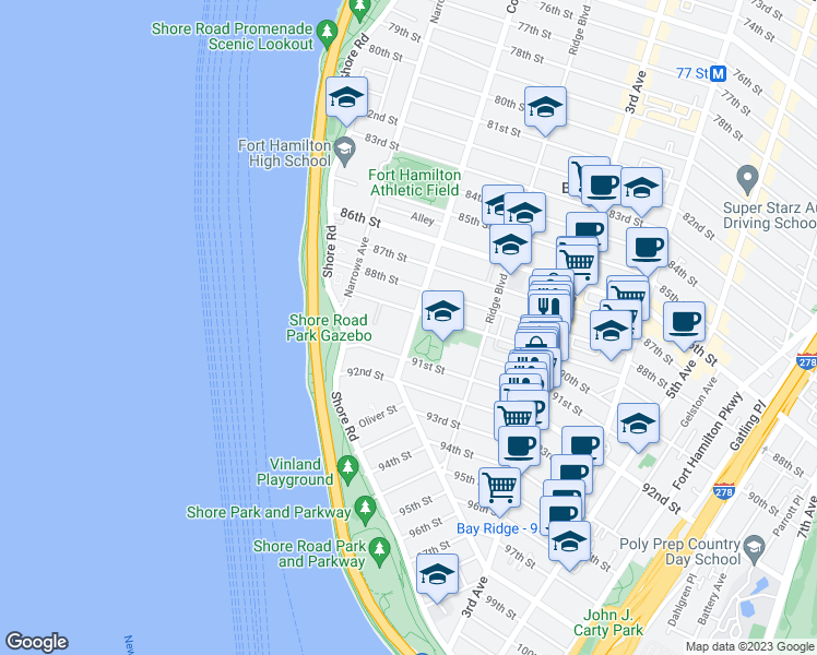 map of restaurants, bars, coffee shops, grocery stores, and more near 116 91st Street in Brooklyn