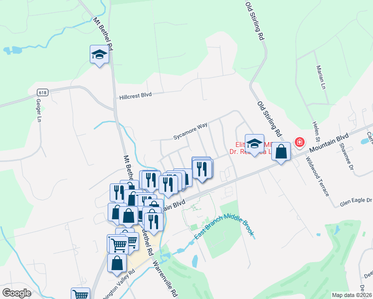 map of restaurants, bars, coffee shops, grocery stores, and more near 8 Magnolia Lane in Warren