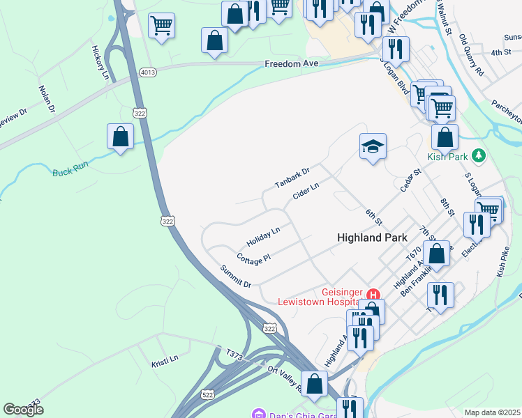 map of restaurants, bars, coffee shops, grocery stores, and more near 573 Summit Drive in Lewistown