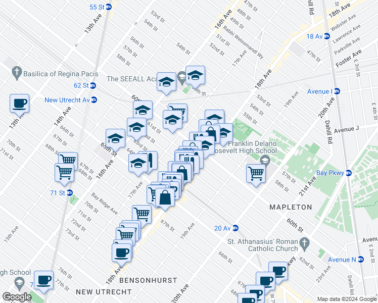 map of restaurants, bars, coffee shops, grocery stores, and more near 1745 61st Street in Brooklyn