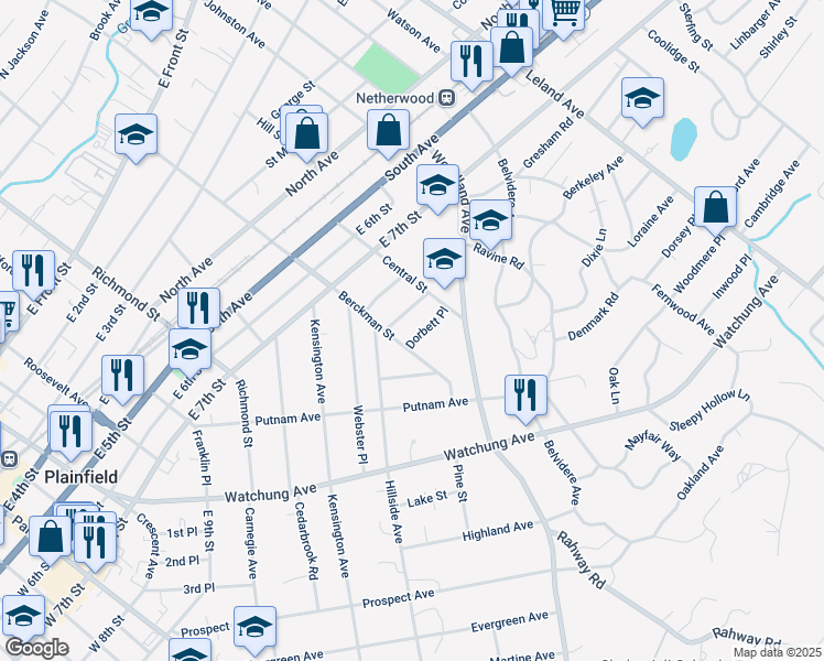 map of restaurants, bars, coffee shops, grocery stores, and more near 841-45 Berckman Street in Plainfield