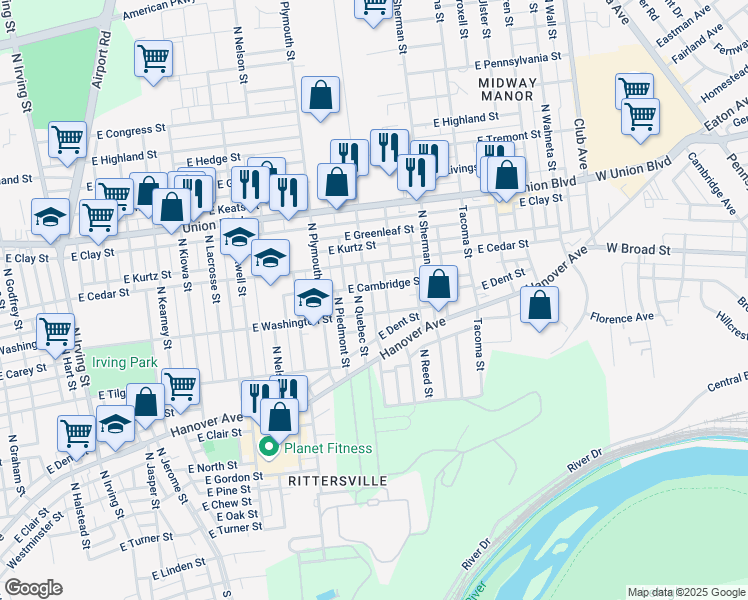 map of restaurants, bars, coffee shops, grocery stores, and more near 1638 East Washington Street in Allentown