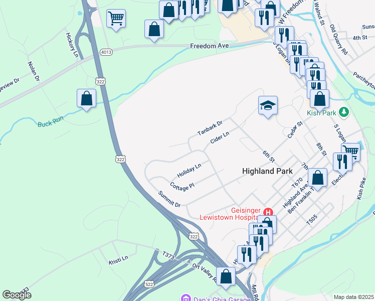 map of restaurants, bars, coffee shops, grocery stores, and more near 573 Summit Drive in Lewistown