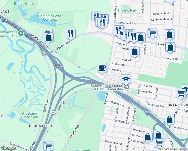 map of restaurants, bars, coffee shops, grocery stores, and more near Staten Island Expy in Staten Island