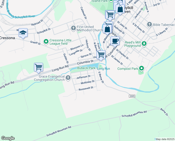 map of restaurants, bars, coffee shops, grocery stores, and more near 96 Washington Street in Schuylkill Haven