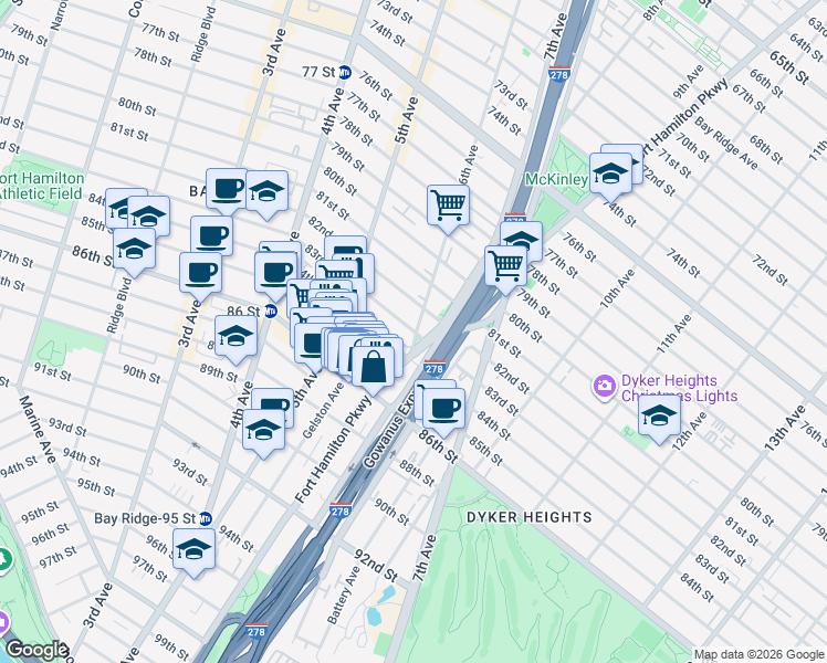 map of restaurants, bars, coffee shops, grocery stores, and more near 590 83rd Street in Brooklyn