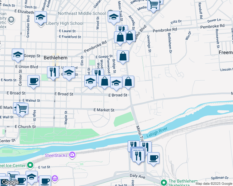 map of restaurants, bars, coffee shops, grocery stores, and more near 675 East Broad Street in Bethlehem