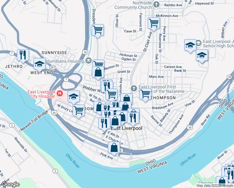 map of restaurants, bars, coffee shops, grocery stores, and more near 657 Lincoln Avenue in East Liverpool