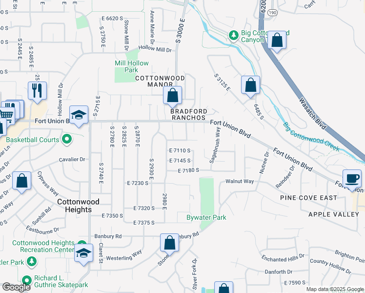 map of restaurants, bars, coffee shops, grocery stores, and more near 3045 East 7110 South in Cottonwood Heights