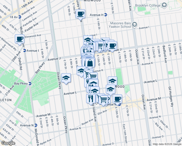 map of restaurants, bars, coffee shops, grocery stores, and more near 1106 Avenue K in Brooklyn