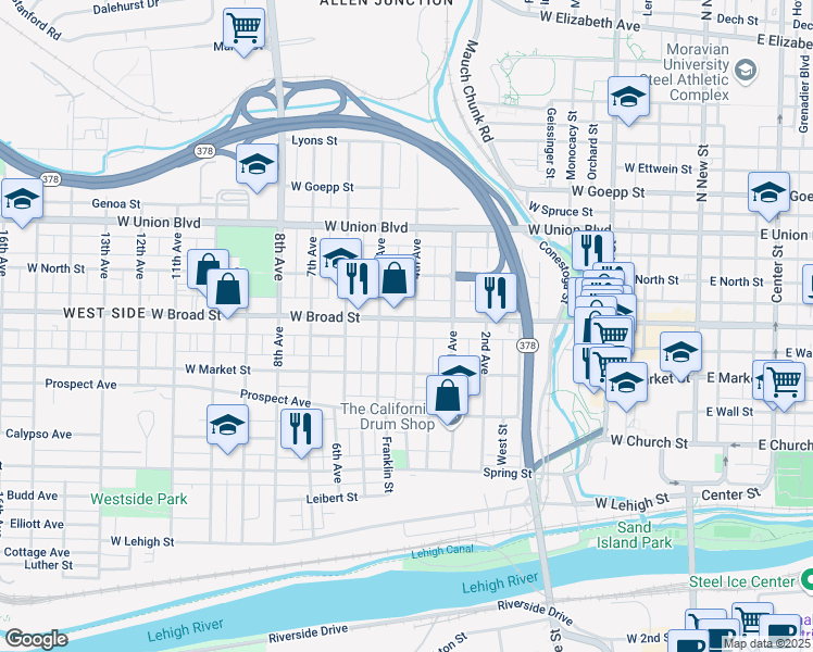 map of restaurants, bars, coffee shops, grocery stores, and more near 505 West Broad Street in Bethlehem