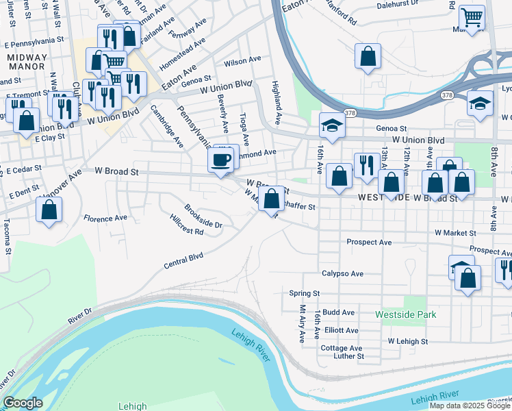 map of restaurants, bars, coffee shops, grocery stores, and more near 1843 West Market Street in Bethlehem