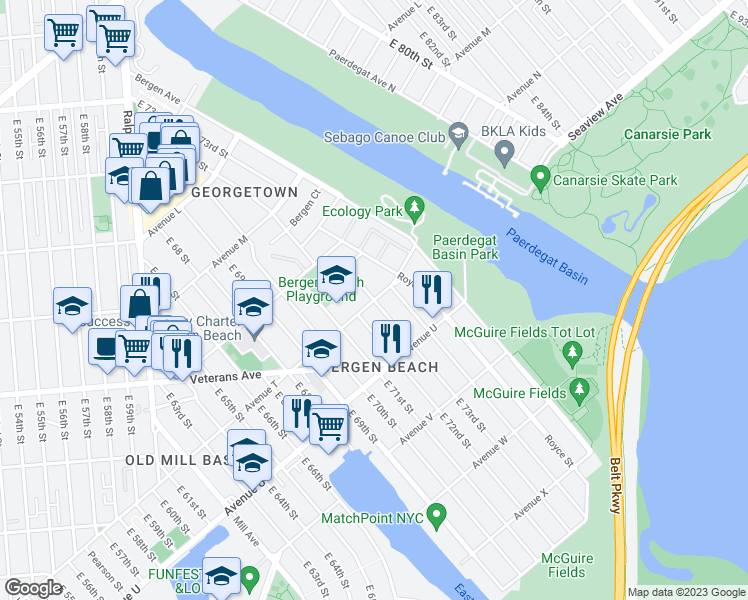 map of restaurants, bars, coffee shops, grocery stores, and more near East 73rd Street in Brooklyn