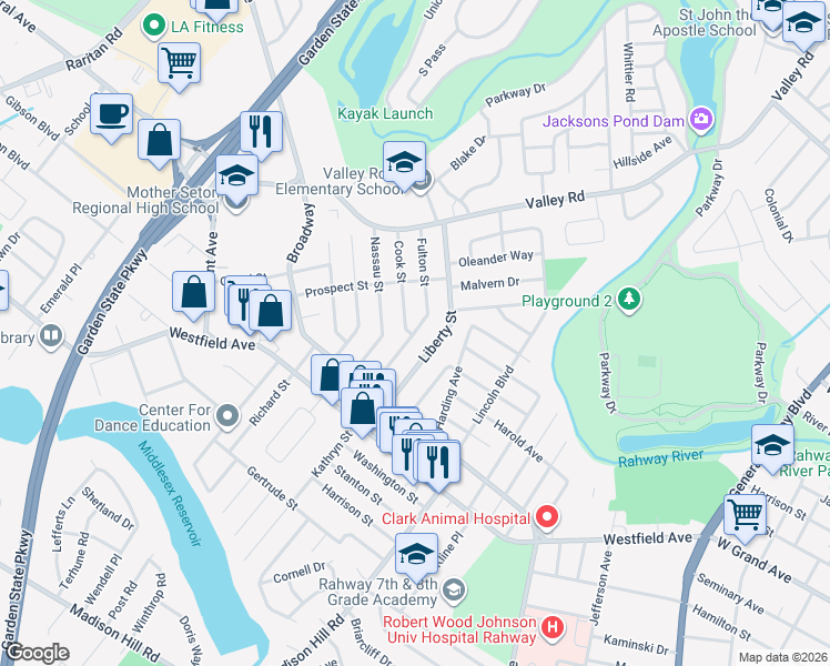 map of restaurants, bars, coffee shops, grocery stores, and more near 70 Cook Street in Clark