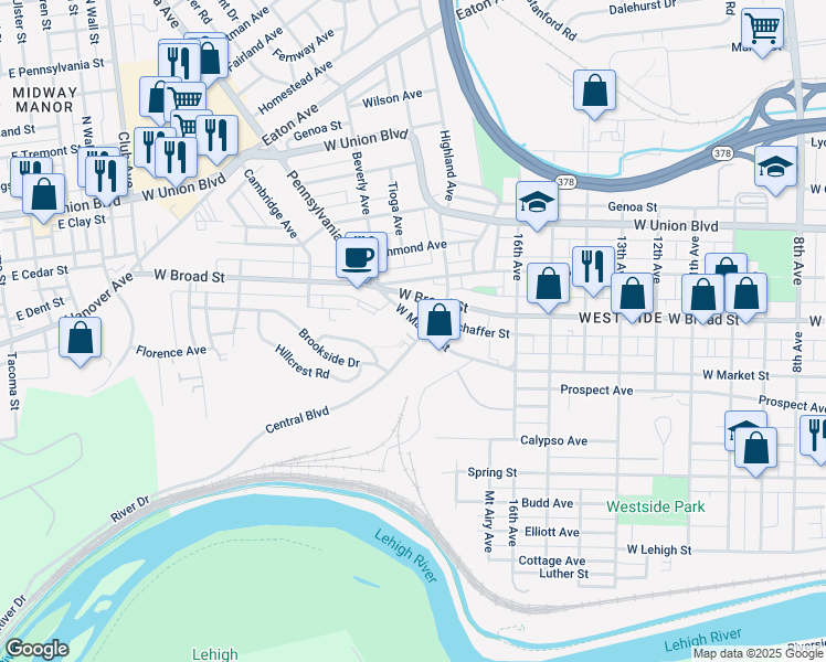 map of restaurants, bars, coffee shops, grocery stores, and more near 1843 West Market Street in Bethlehem