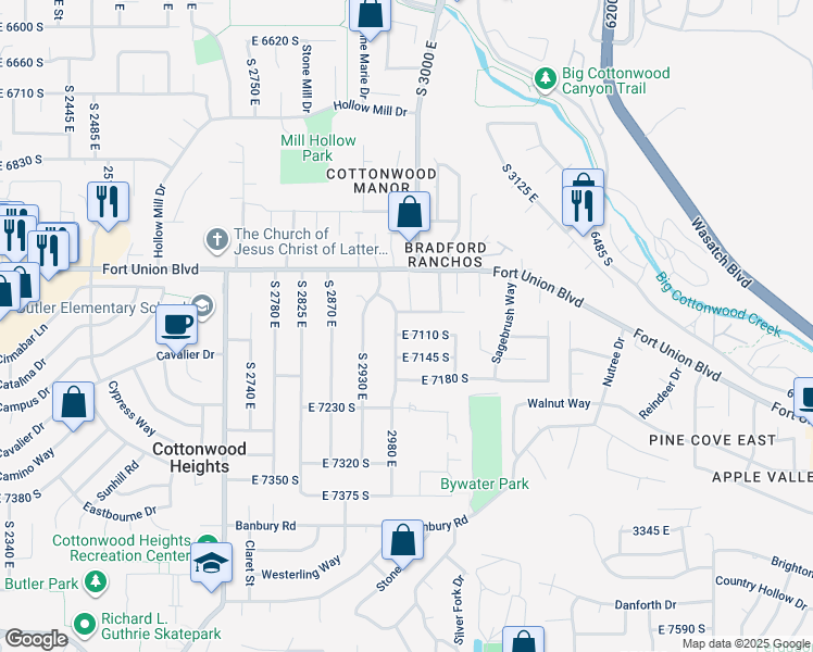map of restaurants, bars, coffee shops, grocery stores, and more near 2995 East 7110 South in Cottonwood Heights