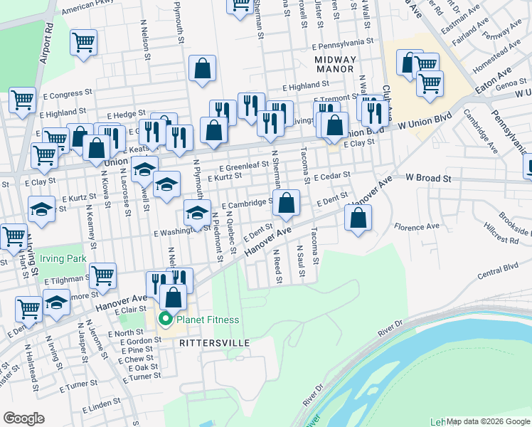 map of restaurants, bars, coffee shops, grocery stores, and more near 1803 East Cambridge Street in Allentown