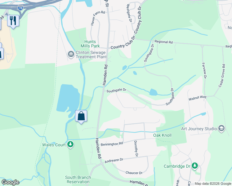 map of restaurants, bars, coffee shops, grocery stores, and more near 1 Southgate Drive in Hunterdon County