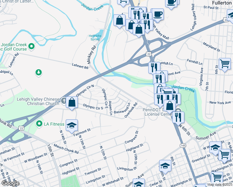 map of restaurants, bars, coffee shops, grocery stores, and more near 395 Mickley Road in Fullerton