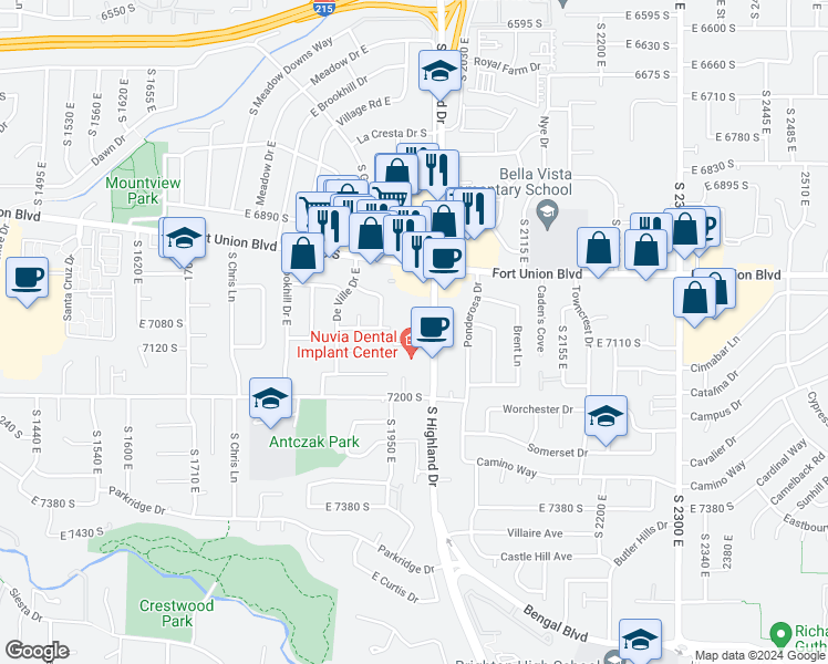 map of restaurants, bars, coffee shops, grocery stores, and more near 7098 South Highland Drive in Cottonwood Heights