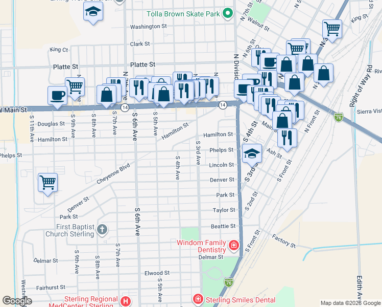 map of restaurants, bars, coffee shops, grocery stores, and more near 312 South 3rd Avenue in Sterling