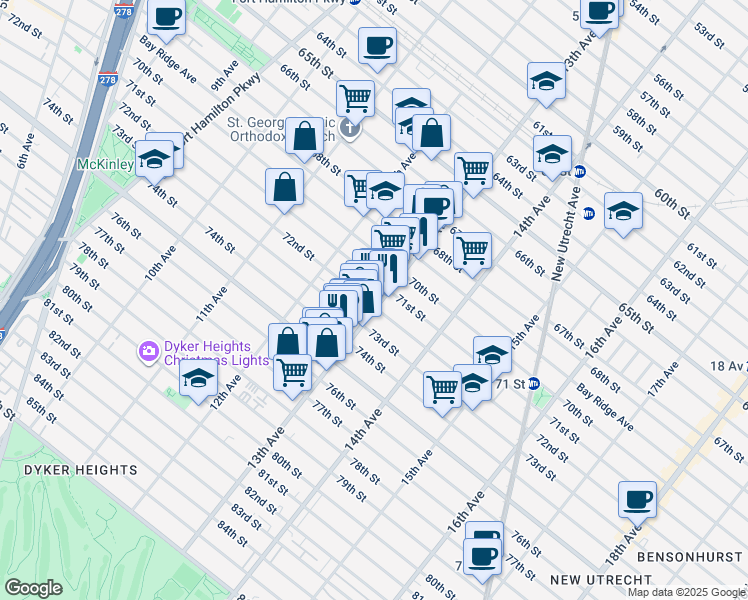 map of restaurants, bars, coffee shops, grocery stores, and more near 7118 13th Avenue in Brooklyn