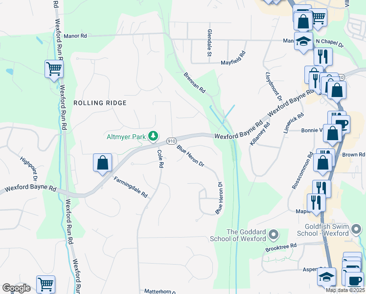map of restaurants, bars, coffee shops, grocery stores, and more near 103 Blue Heron Drive in Wexford