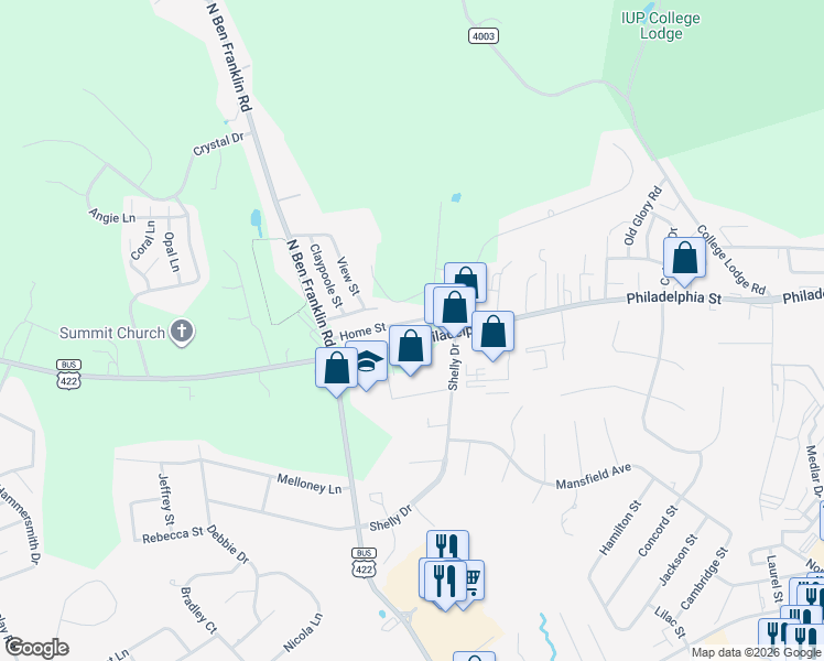 map of restaurants, bars, coffee shops, grocery stores, and more near 2412 Home Street in Indiana