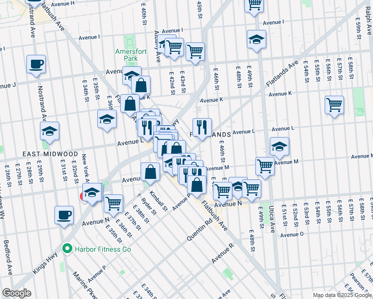 map of restaurants, bars, coffee shops, grocery stores, and more near 2080 East 41st Street in Brooklyn