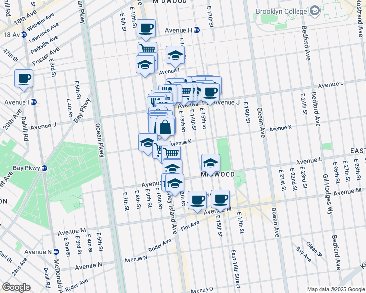 map of restaurants, bars, coffee shops, grocery stores, and more near 1081 East 12th Street in Brooklyn