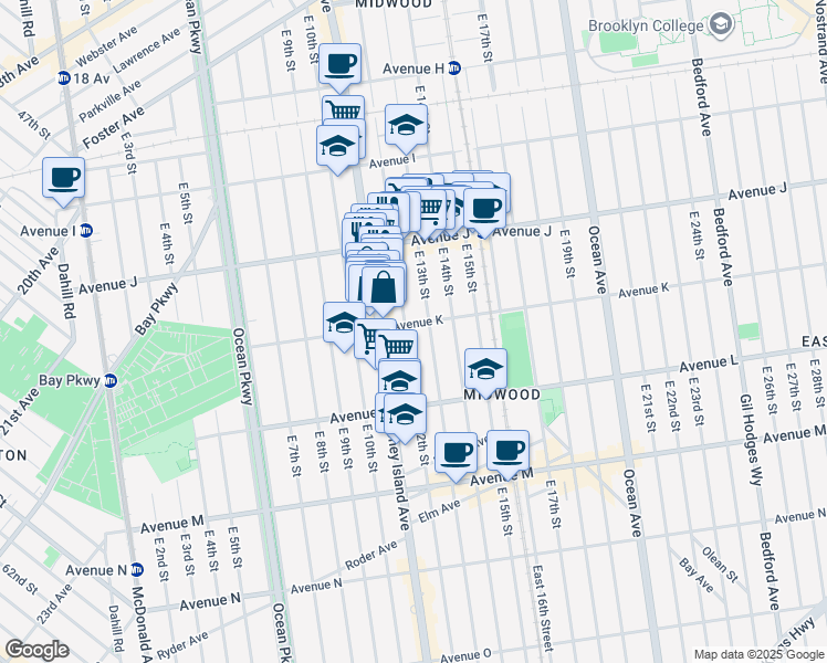 map of restaurants, bars, coffee shops, grocery stores, and more near 1081 East 12th Street in Brooklyn