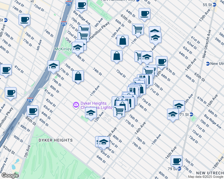 map of restaurants, bars, coffee shops, grocery stores, and more near 1137 74th Street in Brooklyn